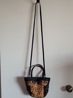 Black and Leopard Print Lace Up Corset  Women’s Crossbody Tote Bag